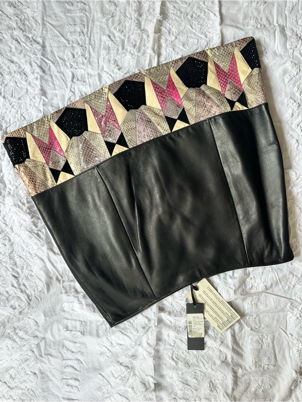 Rare 2014 Versace Black Leather & Exotic Snakeskin Geometric Mini Skirt